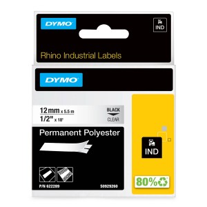 DYMO Rhino Polyester Tape tugev liim 12mm x 5,5m / must läbipaistval (622289) - 622289