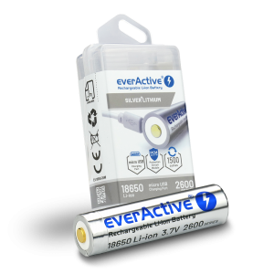 EverActive 18650 3.7V 2600mAh Li-Ion micro USB aku koos kaitsekarbiga taskulampide jaoks
