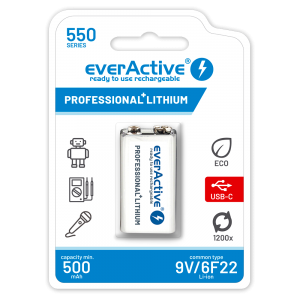EverActive 6F22/9V Li-ion aku 9V 550 mAh koos USB TÜÜP C-ga