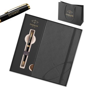 Kingituskomplekt: Parker Sonnet Black Lacquer GT pastapliiats graveeringuga / märkmik ja kott