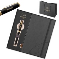 Kingituskomplekt: Parker Sonnet Black Lacquer GT täitesulepe (M) graveeringuga / märkmik ja kott Kingituskomplekt: Parker Sonnet Black Lacquer GT täitesulepe (M) graveeringuga / märkmik ja kott