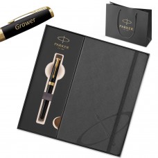 Kingituskomplekt: Parker Sonnet Black Lacquer GT täitesulepe (M) graveeringuga / märkmik ja kott