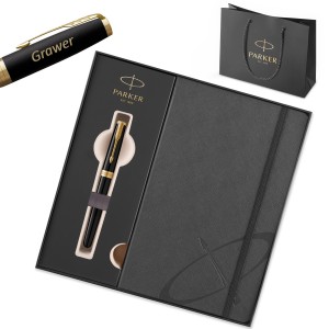 Kingituskomplekt: Parker Sonnet Black Lacquer GT täitesulepe (M) graveeringuga / märkmik ja kott Kingituskomplekt: Parker Sonnet Black Lacquer GT täitesulepe (M) graveeringuga / märkmik ja kott