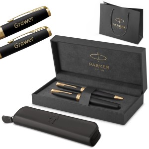 Parker Sonnet Black GT täitesulepe ja pastapliiats komplekt graveeringuga / Etui ja kott Kingitusekomplekt