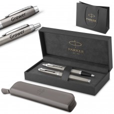 Komplekt Parker IM Stal CT täitesulepe ja pastapliiats graveeringuga / Etui ja kott Kingitusekomplekt